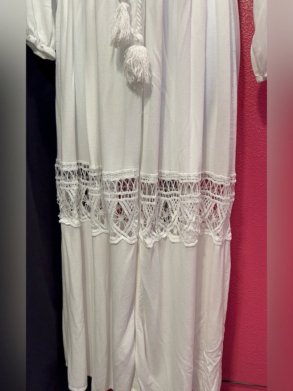 White Lace-Trim Maxi Dress with Tie Waist - Picture 4 of 10